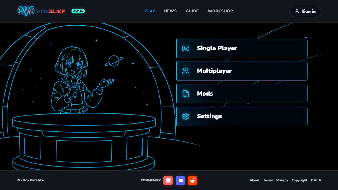 Voxalike v1.4.7 main menu showing Single Player, Multiplayer, Mods, and Settings
