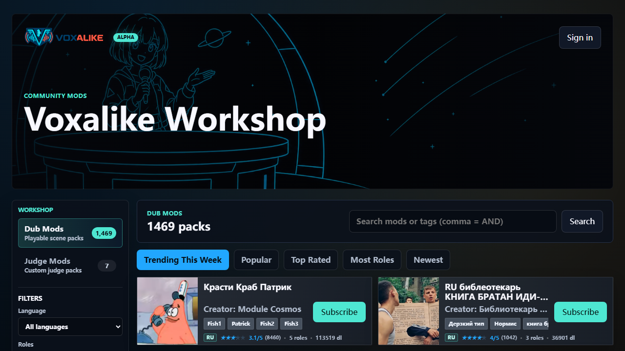 Voxalike Workshop showing Dub Mods, language and role filters, ratings, and Subscribe buttons