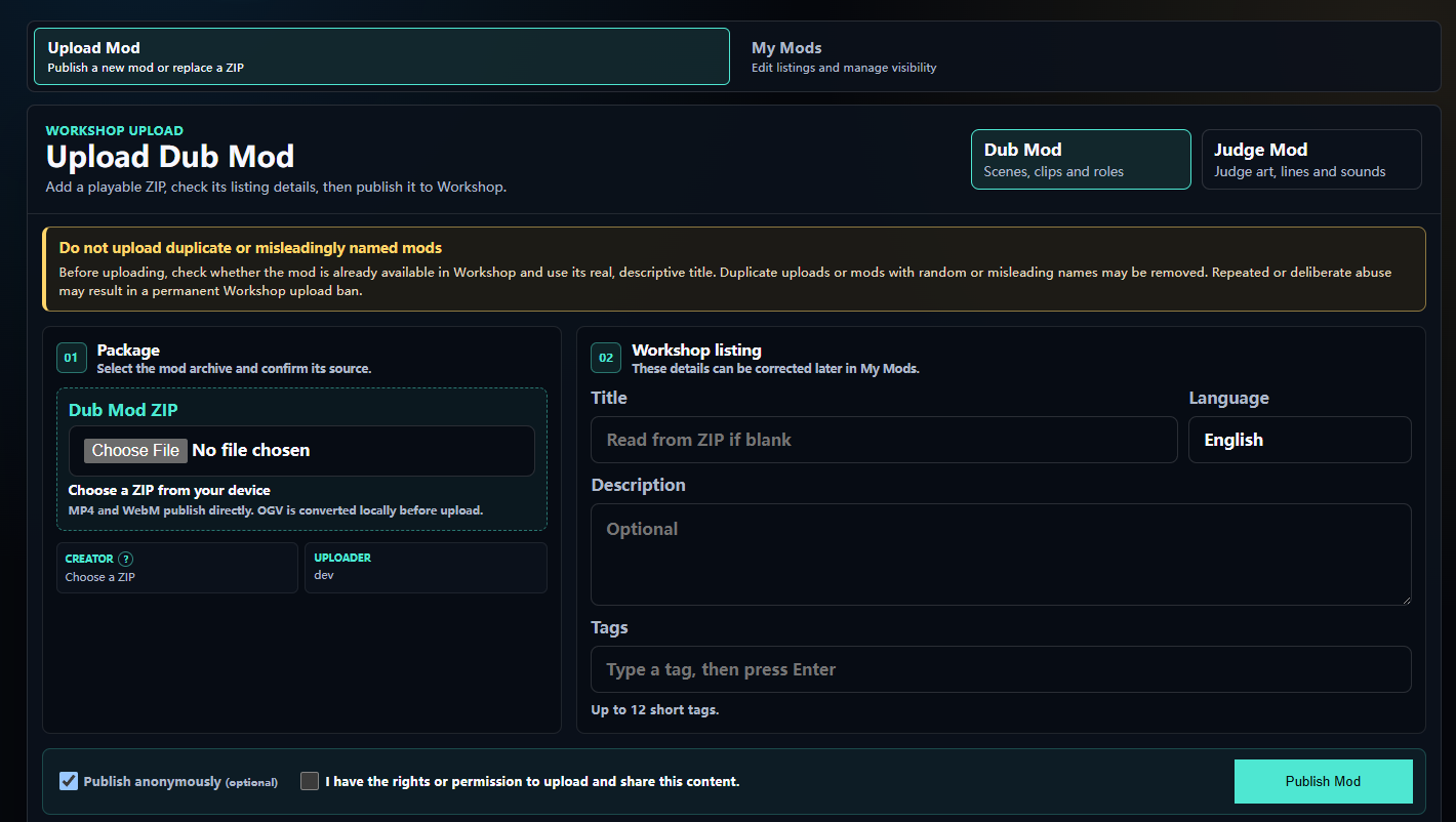 Voxalike Creator Workshop upload screen